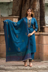 Premium Dabu Cotton Kurta Set with Embroidered Bottom