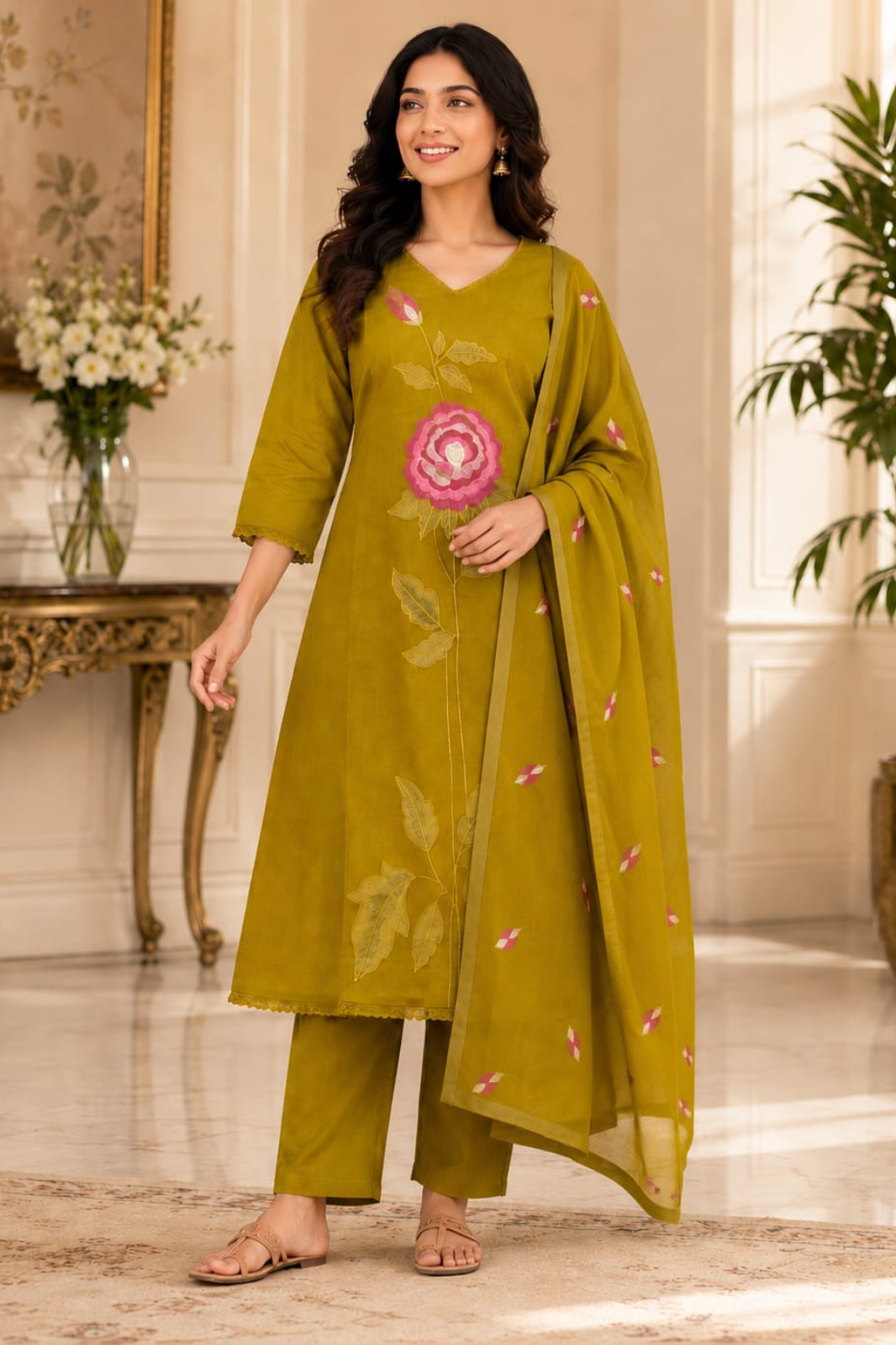 Elegant Embroidered Olive A-Line Kurta Set with Dupatta