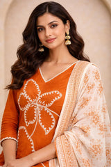 Rust Cotton Kurta Set with Thread Embroidery & Printed Dupatta