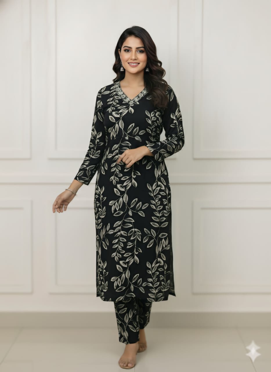🖤 Black Leaf Print Co-ord Set – Elegant & Effortless