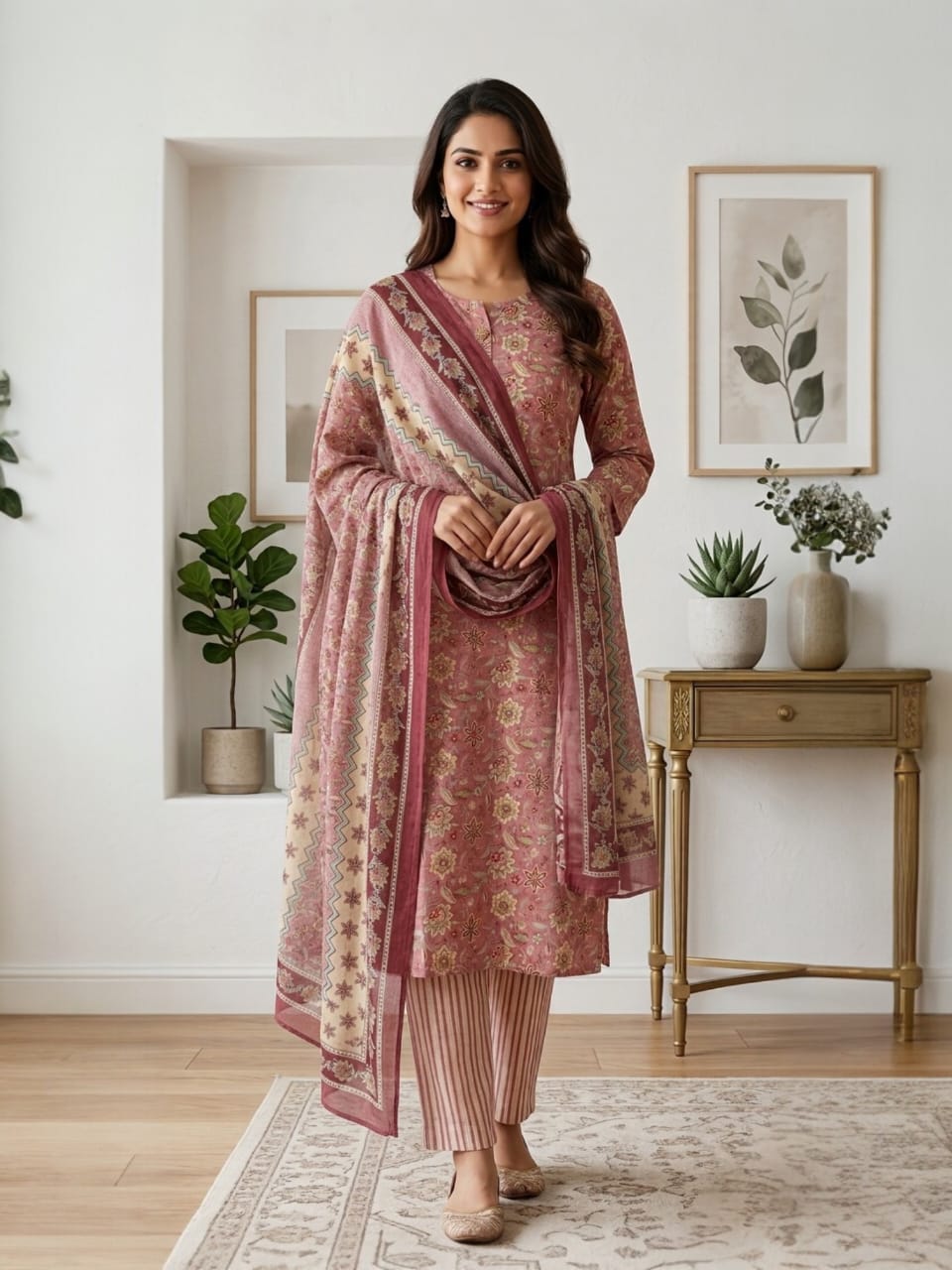 Elegant Pink Printed Cotton Kurta Set with Dupatta