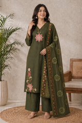 Embroidered Green Cotton Kurta Set with Dupatta