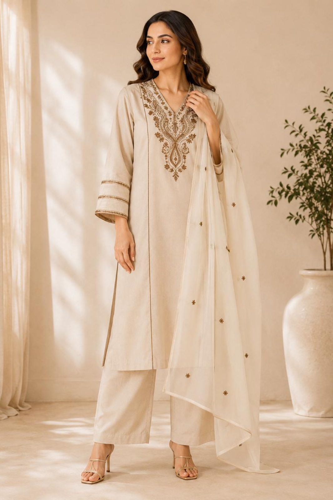 Beige Embroidered Khadi Cotton Kurta Set with Dupatta