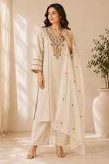 Beige Embroidered Khadi Cotton Kurta Set with Dupatta
