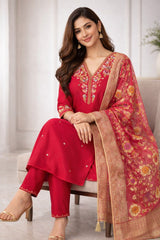 Rani Pink Embroidered Suit Set with Banarasi Dupatta