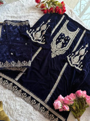 Unstitched Midnight Blue Embroidered Velvet Suit Set