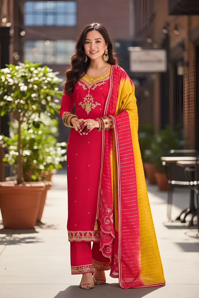 Heavily Embroidered Silk Suit Set with Dupatta