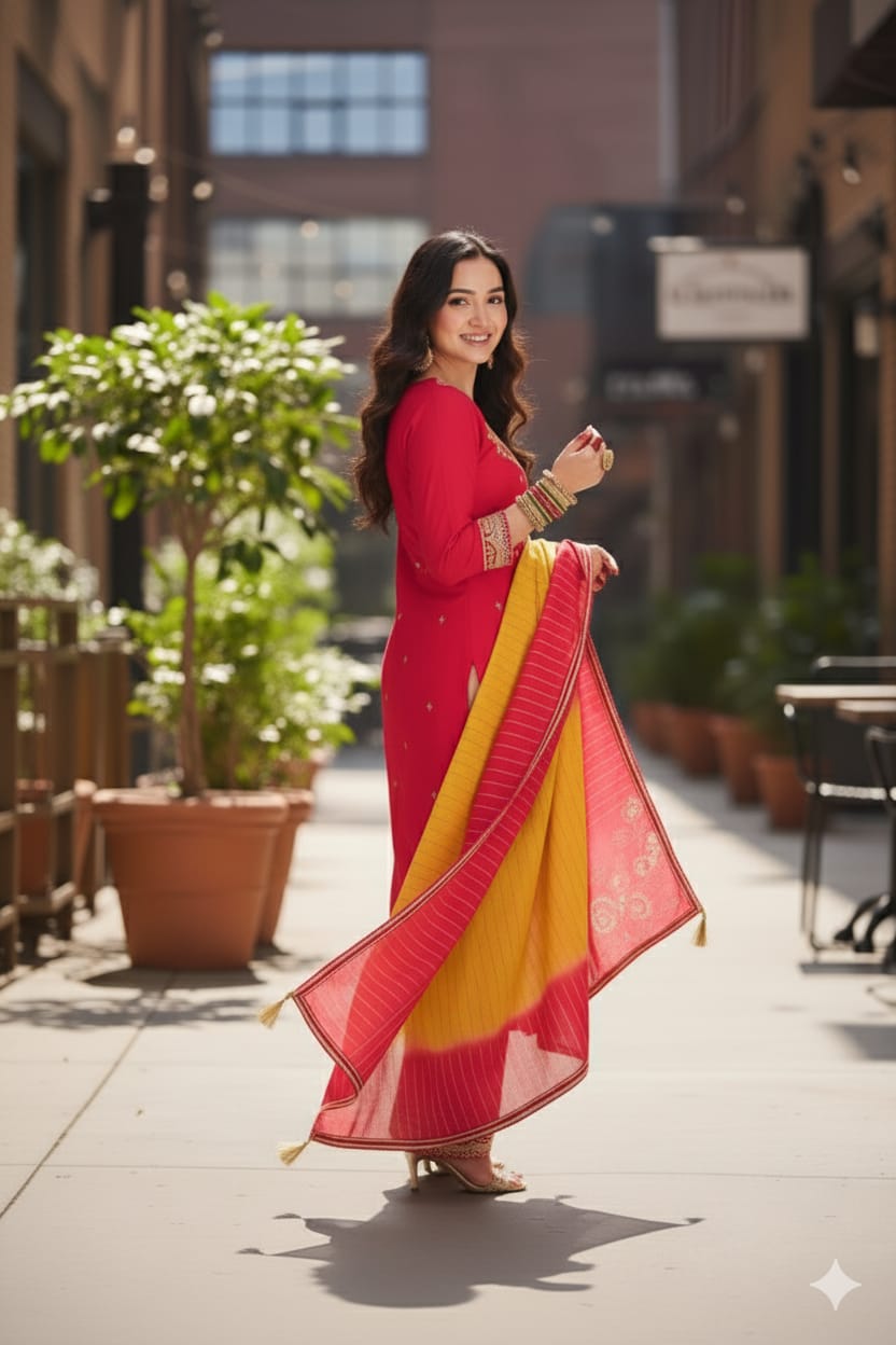 Heavily Embroidered Silk Suit Set with Dupatta