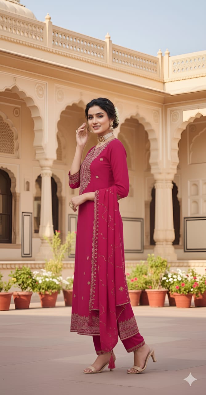 Pure Dola Russian Jacqard with Khatli Handwork Suit Set and Chanderi Silk Heavy Dupatta