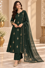 Elegant Bottle Green Dola Silk Embroidered Suit Set with Dupatta