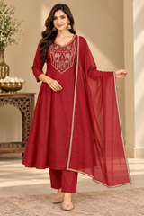 Elegant Rust Red Mul Chanderi Embroidered A-Line Kurta Set with Dupatta