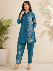 Stylish Teal Blue Cotton Embroidered Co-ord Set