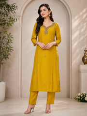Yellow Roman Silk Mirror Work Kurta Set with Dupatta