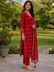 Elegant Red Dola Silk Embroidered Kurta Set with Dupatta