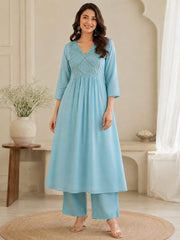 Beautiful Sky Blue Mul Chanderi A-Line Kurta Set with Dupatta
