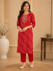 Elegant Red Bandhani Print Rayon Kurta Set with Embroidered Neckline & Dupatta