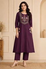Beautiful Wine Dabu Cotton Embroidered Kurta Pant Set with Floral Pocket Detailing