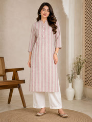 Elegant Pink Striped Cotton Kurta Set with White Dip-Dyed Dupatta