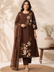 Chocolate Brown A-Line Cotton Embroidered Kurta Set with Dupatta