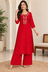 Vibrant Red Roman Silk Embroidered Kurta Pant Set with Dupatta