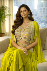 Green Embroidered Crop Top with Draped Skirt & Net Jacket