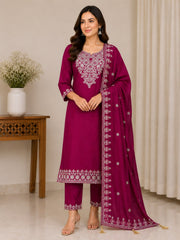 Rani Pink Vichitra Silk Kurta Set with Embroidered Dupatta & Potli Bag