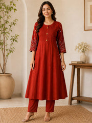 Elegant Rust Mul Chanderi A-Line Kurta Set with Handworked Sleeves