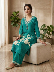 Elegant Teal Cotton Kurta Set with Floral Print & Tassel Neckline