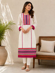 Elegant White Pure Self Dobby Cotton Embroidered Kurta Set with Dupatta