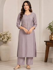 Lavender Roman Silk Handwork Kurta Set with Dupatta