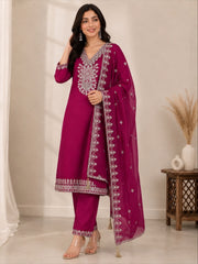 Magenta Vichitra Silk Kurta Set with Golden Jari, Cutdana &amp; Beads Embroidery with Potli Bag