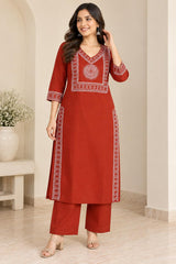 Pure Cotton Rust Printed Kurta Pant Set with Dupatta