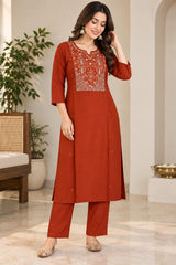Beautiful Rust Roman Silk Embroidered Kurta Pant Set with Dupatta