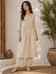 Beige Cotton Embroidered Kurta Set with Dupatta