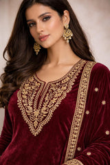 Unstitched Maroon Embroidered Velvet Suit Set