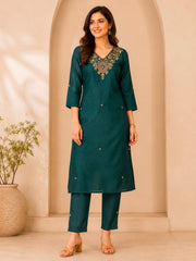 Teal Green Dola Silk Kurta Set with Embroidered Neckline & Woven Dupatta