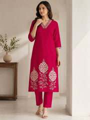Rani Pink Cotton Embroidered Kurta Set with Dupatta
