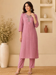 Dusty Rose Mul Chanderi Embroidered Kurta Set with Dupatta