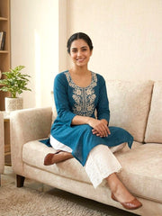 Elegant Navy Blue Cotton Kurta with Embroidered Yoke & White Chikankari Palazzo