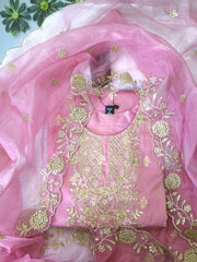 Elegant Pink Embroidered Kurta Set with embroidred Organza Dupatta
