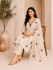 Elegant Cream Embroidered Cotton Kurta Set with Dupatta