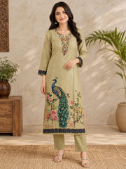 Sage Green Linen Kantha Embroidered Kurta Set with Printed Dupatta