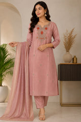 Elegant Mauve Shimmer Embroidered Kurta Set with Dupatta