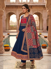 Royal Navy Blue Cotton Silk Anarkali Kurta Set with Printed Dupatta