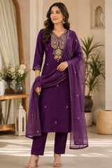 Royal Purple Dola Silk Embroidered Kurta Set with Dupatta