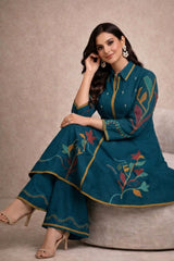 Graceful Teal Cotton Kurta Set with Artistic Detailing