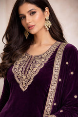 Unstitched Royal Wine Embroidered Velvet Suit Set