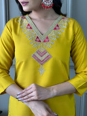 Sunshine Yellow Roman Silk Kurta Set with Embroidered Neck & Red Dupatta