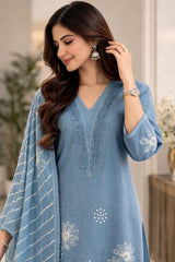 Graceful Dusty Blue Linen Kurta Set with Embroidery & Appliqué Work and Digital Print Dupatta