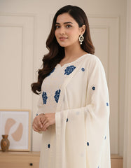 Rayon Slub Kurta Set with Blue Floral Embroidery & Dupatta